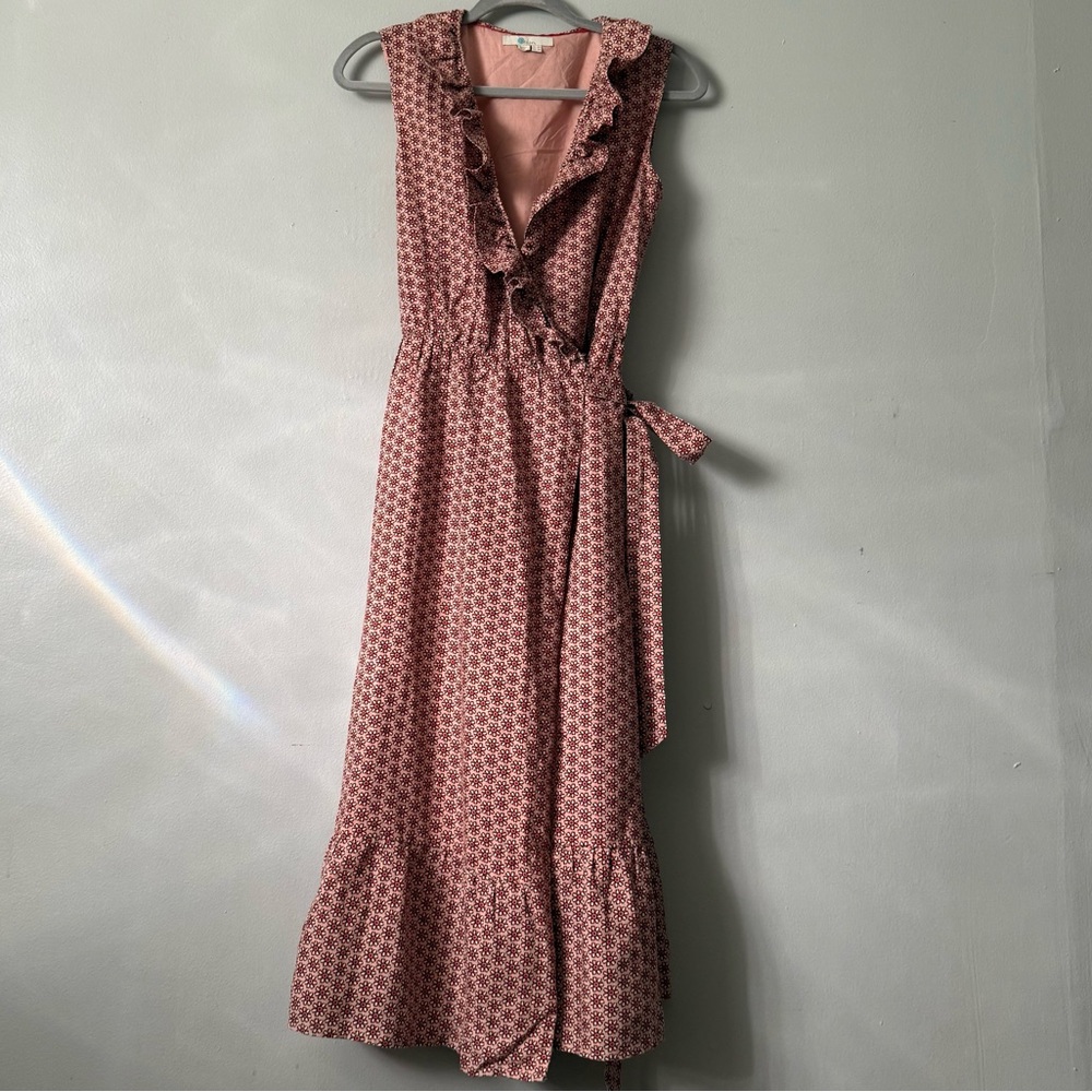 Boden Nancy Linen Wrap Midi Dress Dusty Pink Red Floral Ruffle Trim Size 4